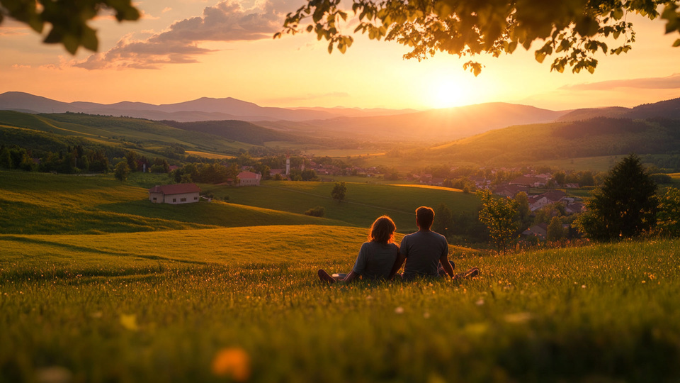 Un couple s'exerçant à une langue au coucher du soleil