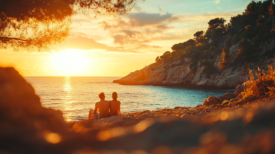 Casal a praticar a língua ao pôr do sol