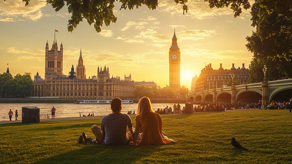 Pareja practicando idiomas al atardecer