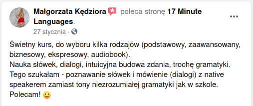 Recenzja 17 Minute Languages na Facebooku 01