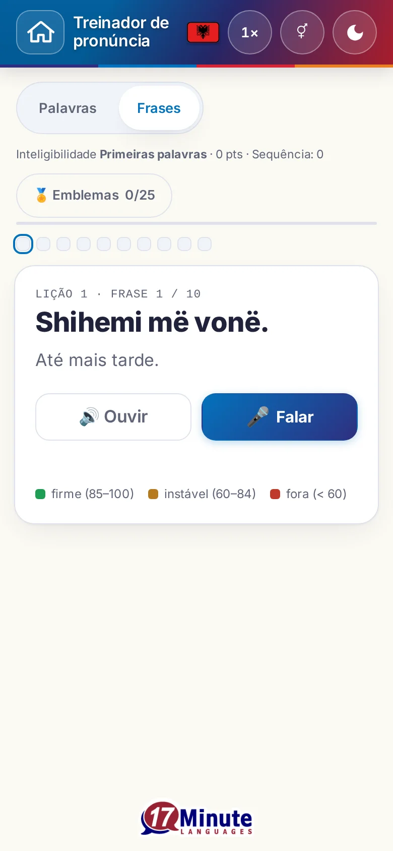 Celular: um exercício de pronúncia iniciado, com frase-alvo e legenda da avaliação.