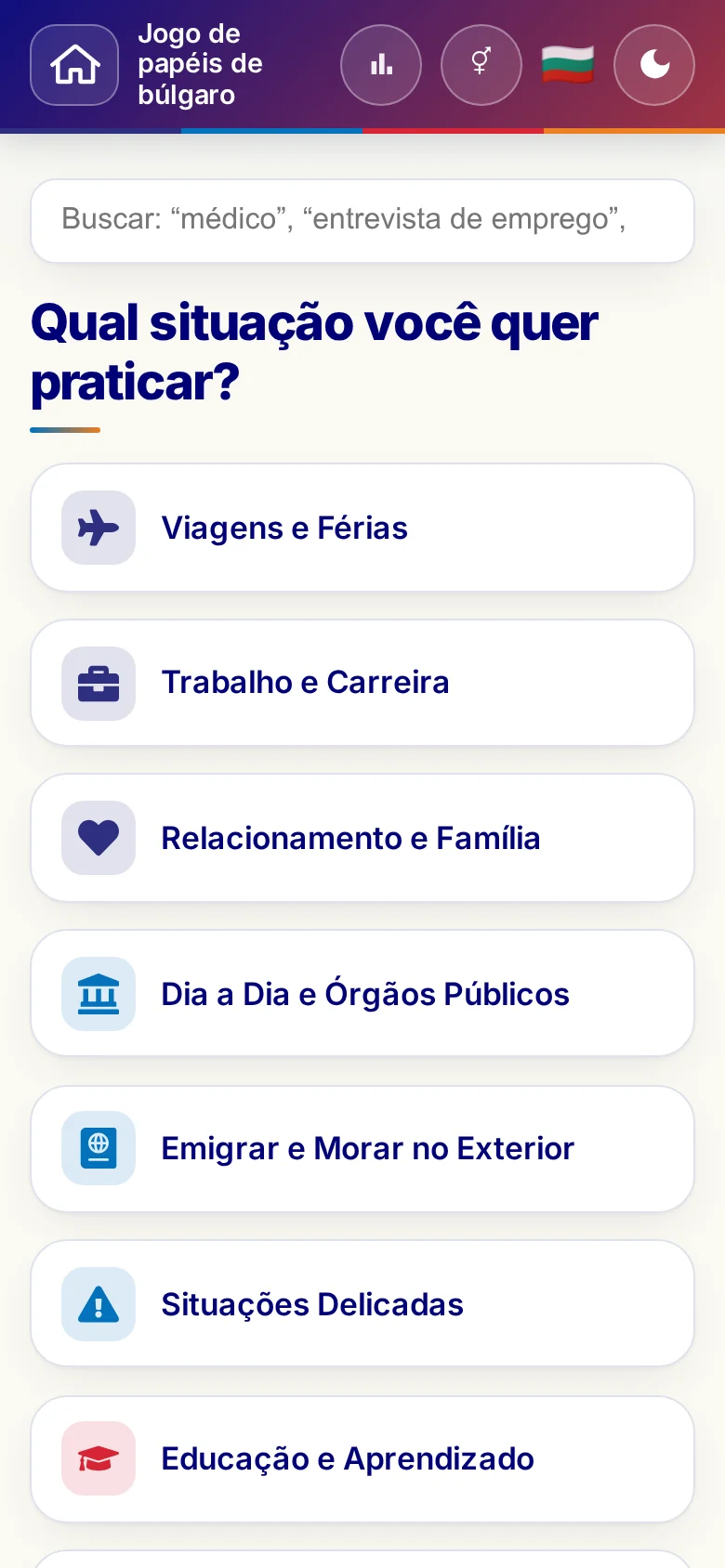 Celular: as áreas temáticas do Jogo de papéis.