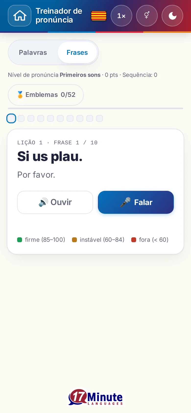 Celular: um exercício de pronúncia iniciado, com frase-alvo e legenda da avaliação.