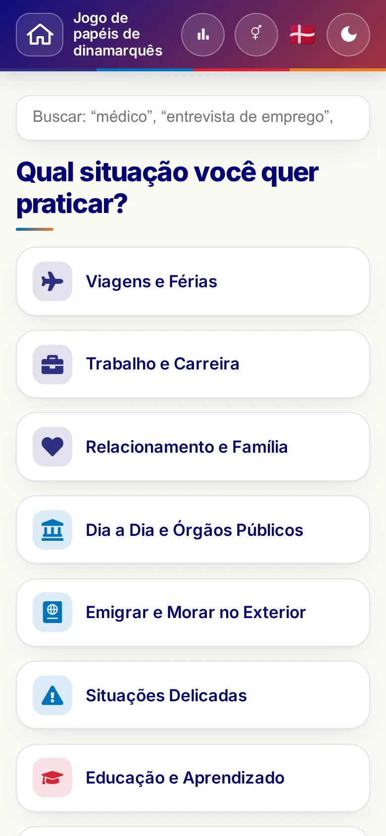 Celular: as áreas temáticas do Jogo de papéis.