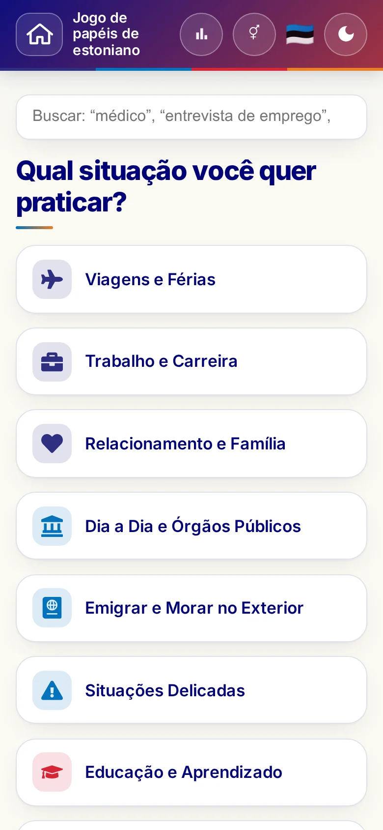 Celular: as áreas temáticas do Jogo de papéis.