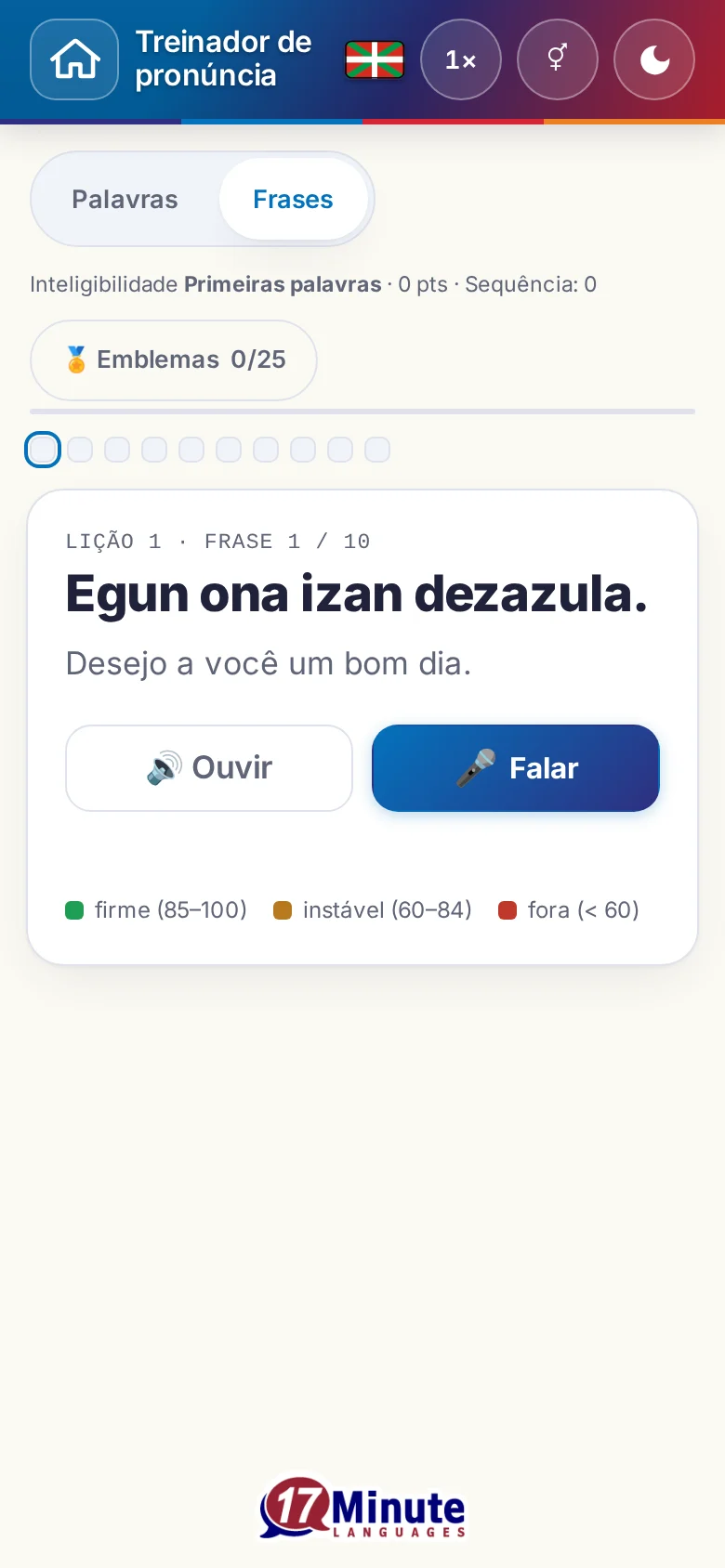 Celular: um exercício de pronúncia iniciado, com frase-alvo e legenda da avaliação.