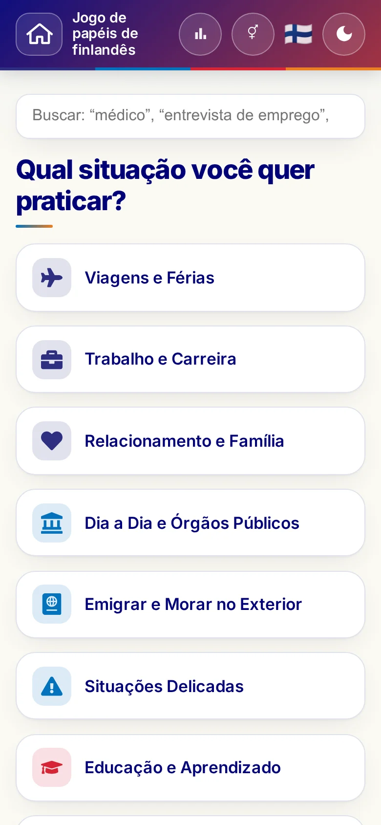 Celular: as áreas temáticas do Jogo de papéis.