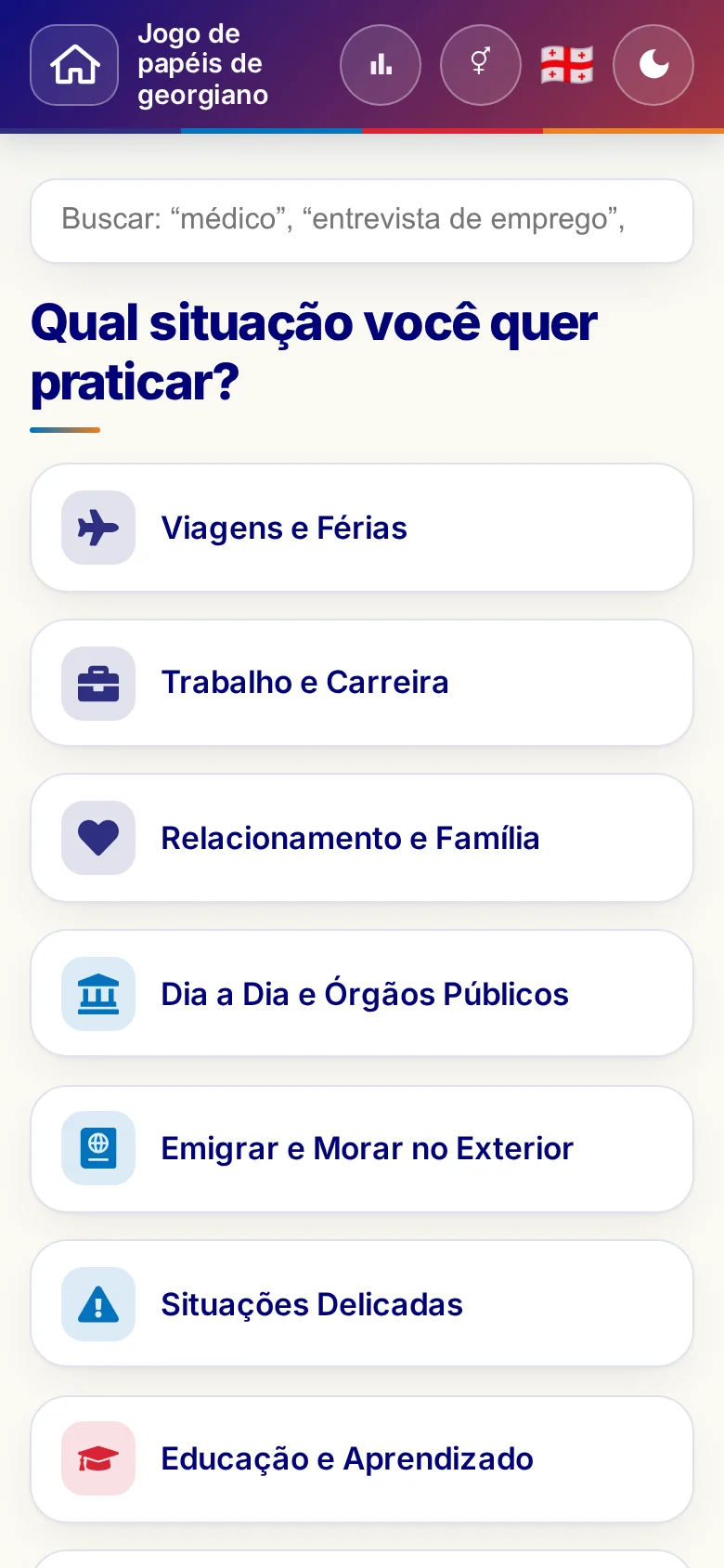 Celular: as áreas temáticas do Jogo de papéis.