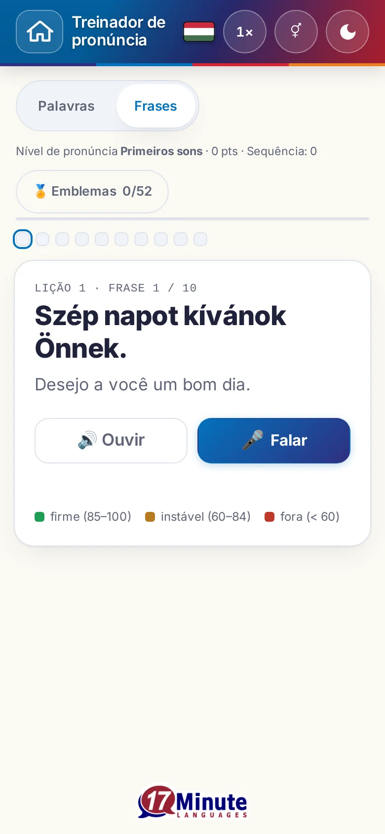 Celular: um exercício de pronúncia iniciado, com frase-alvo e legenda da avaliação.