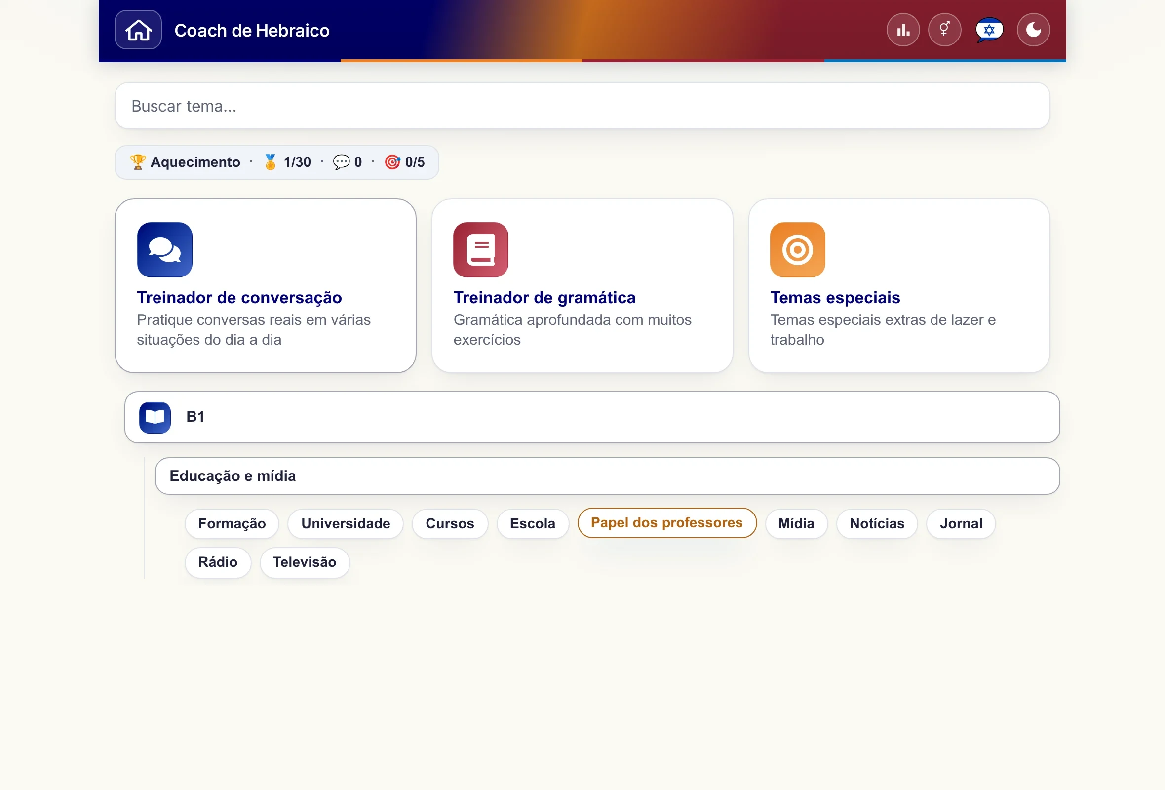 O Coach de idiomas com o menu de temas aberto: nível, área temática e temas individuais.