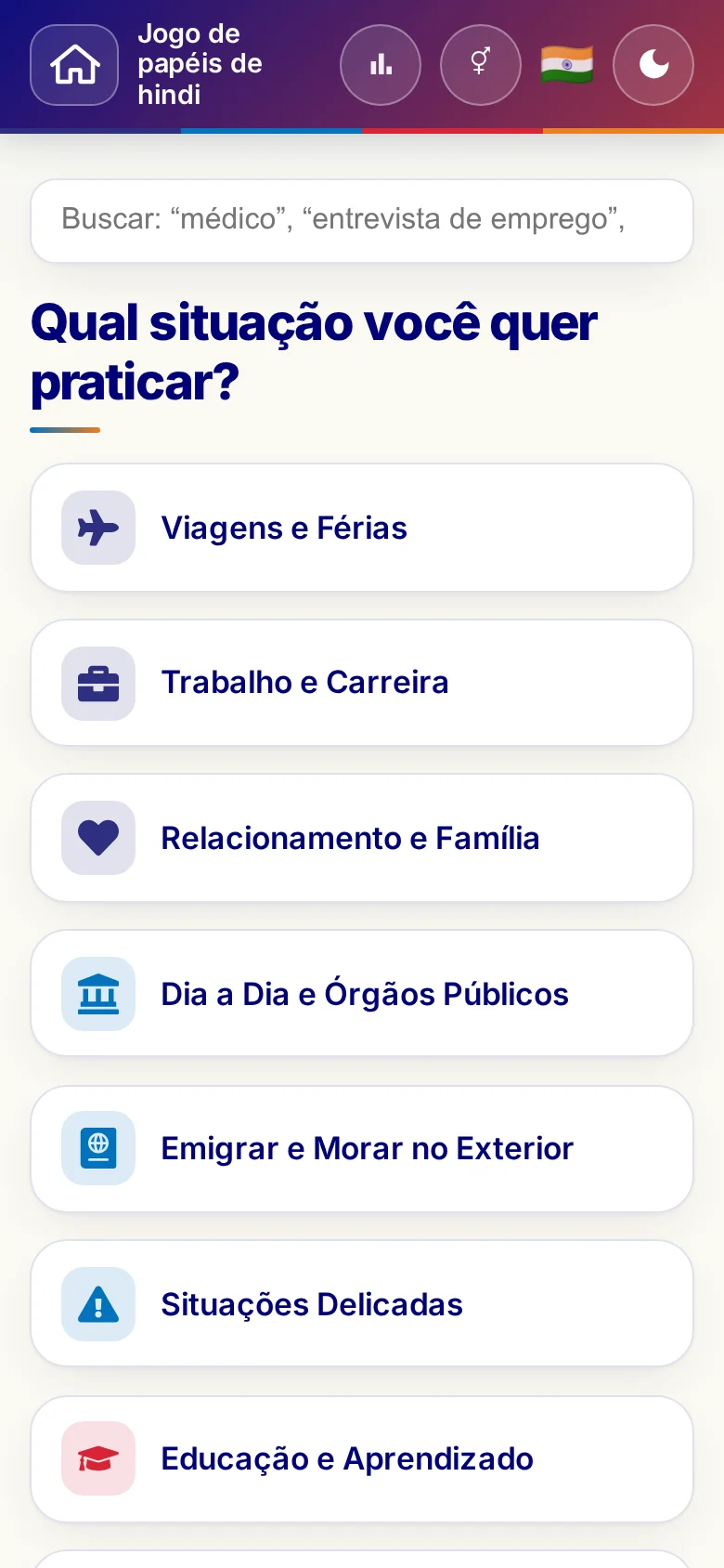 Celular: as áreas temáticas do Jogo de papéis.
