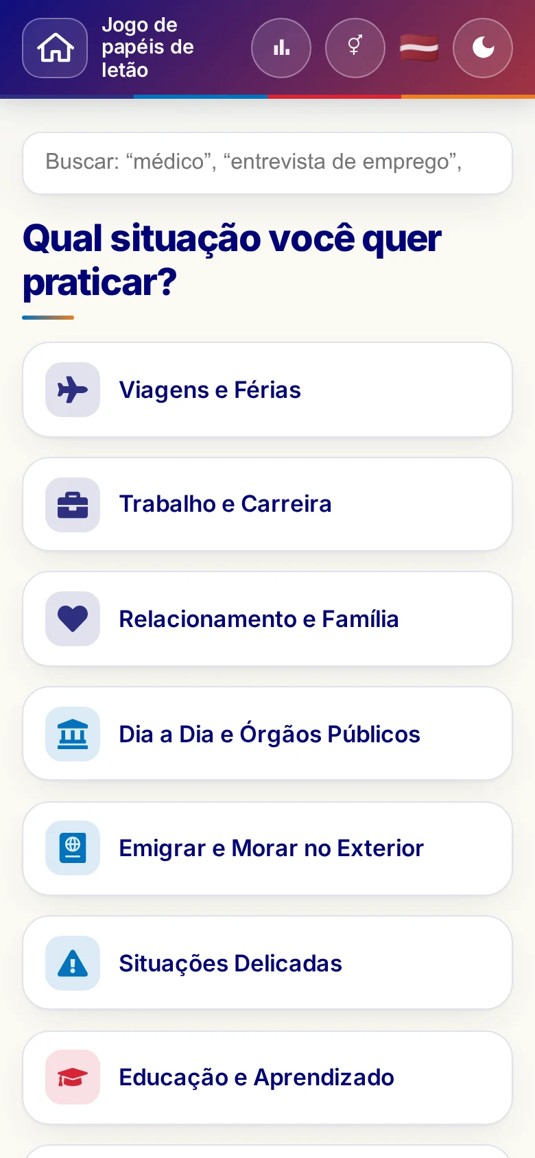 Celular: as áreas temáticas do Jogo de papéis.