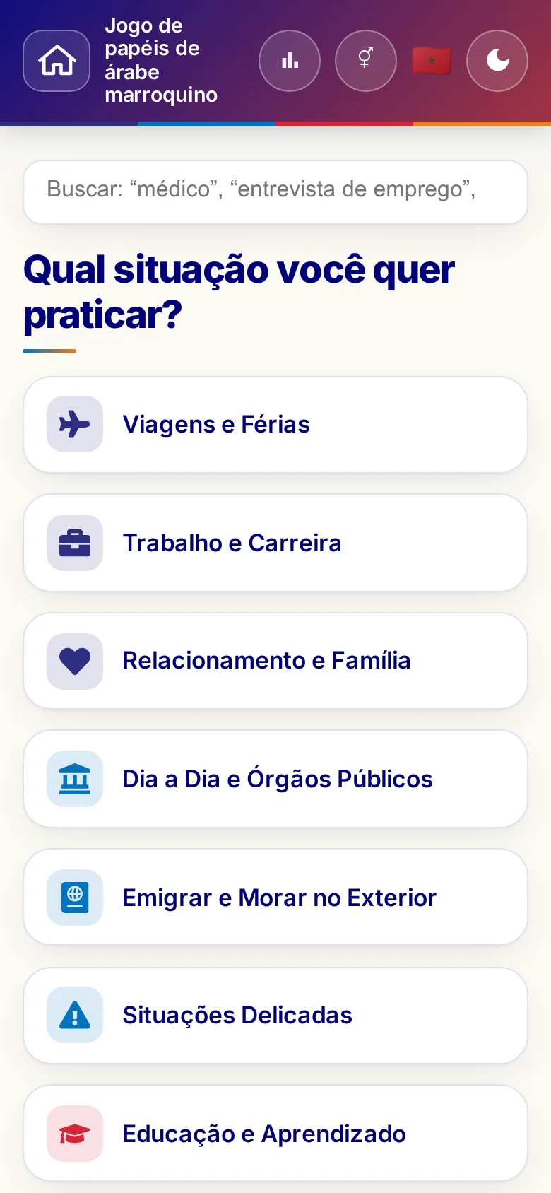 Celular: as áreas temáticas do Jogo de papéis.
