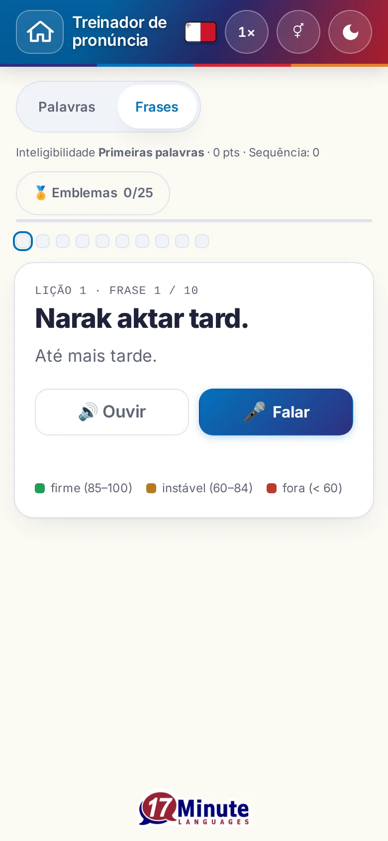 Celular: um exercício de pronúncia iniciado, com frase-alvo e legenda da avaliação.