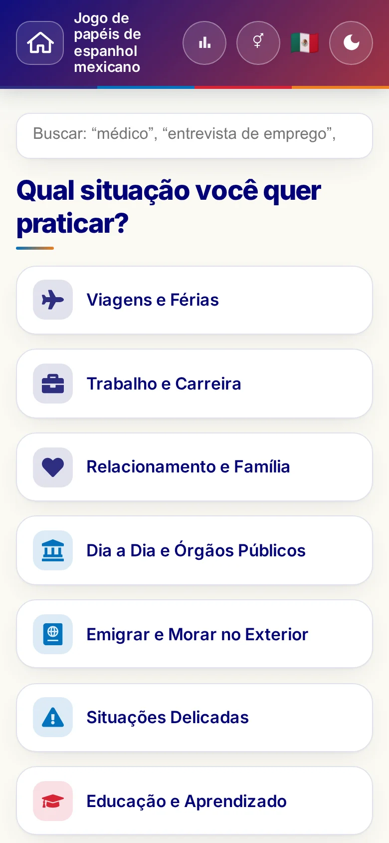 Celular: as áreas temáticas do Jogo de papéis.