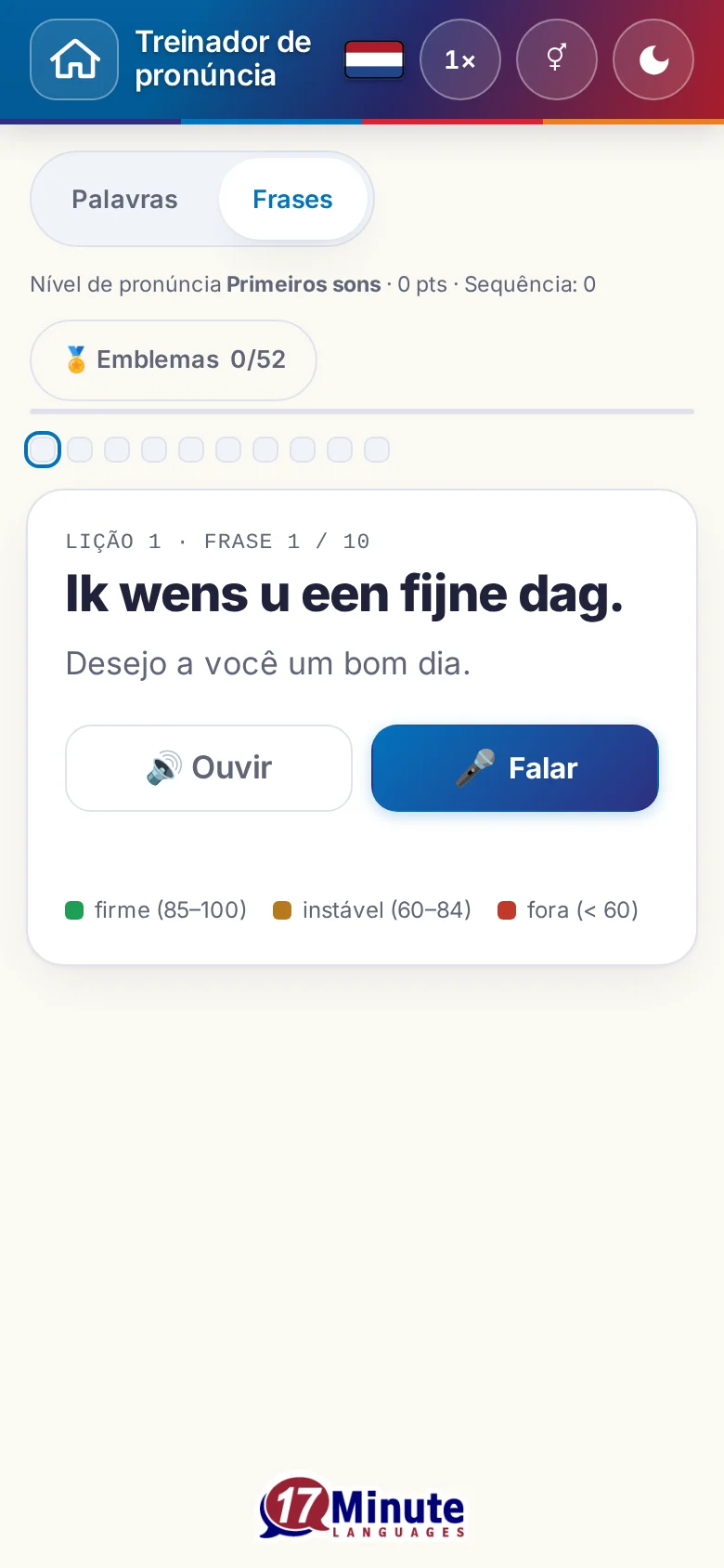 Celular: um exercício de pronúncia iniciado, com frase-alvo e legenda da avaliação.