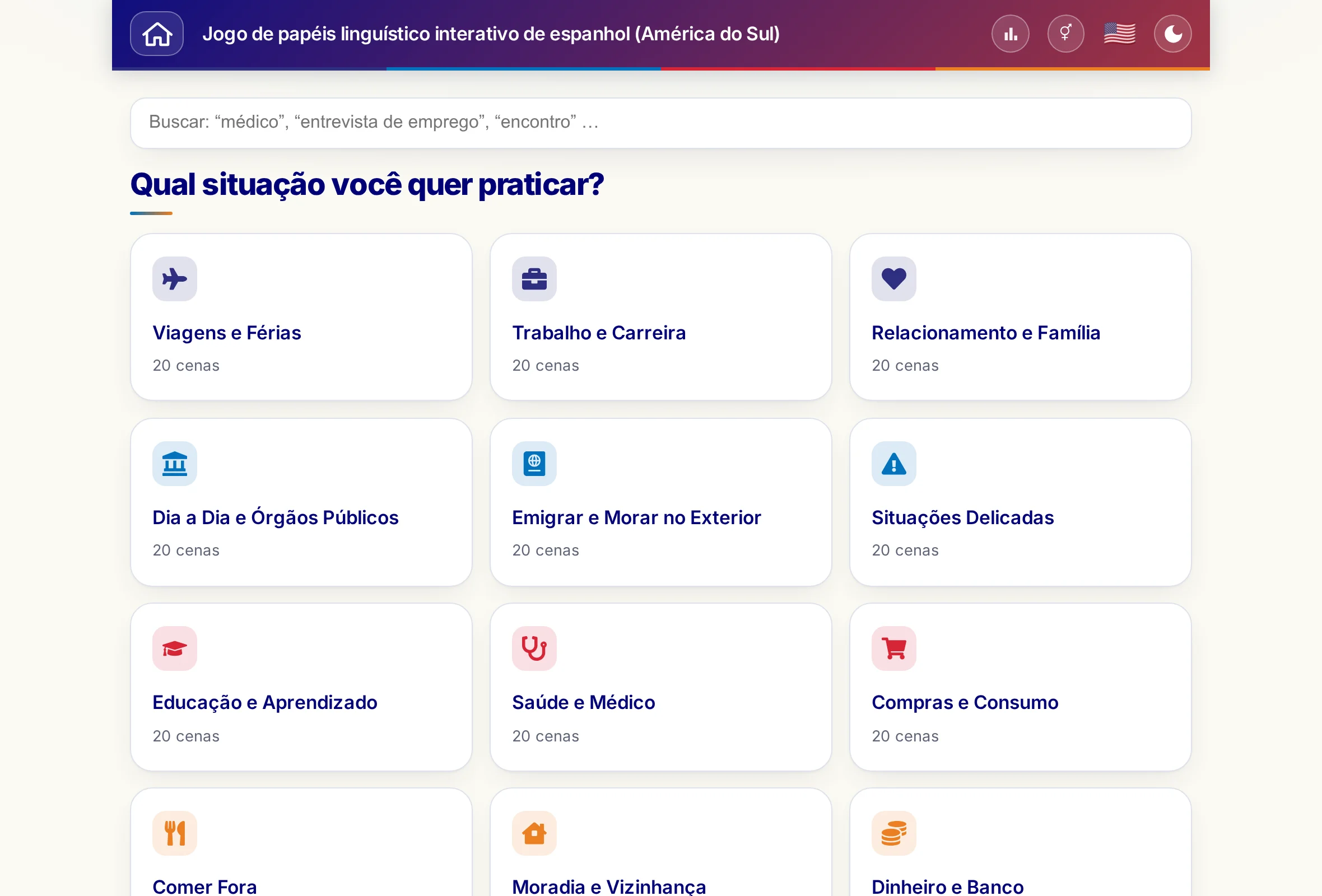O Jogo de papéis com campo de busca e as 15 áreas temáticas.