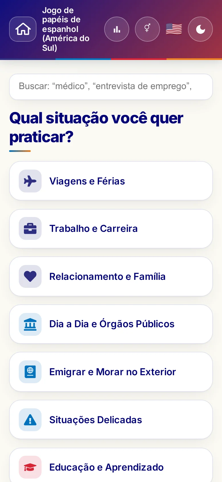 Celular: as áreas temáticas do Jogo de papéis.