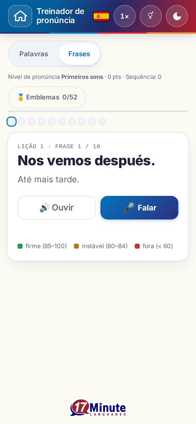 Celular: um exercício de pronúncia iniciado, com frase-alvo e legenda da avaliação.