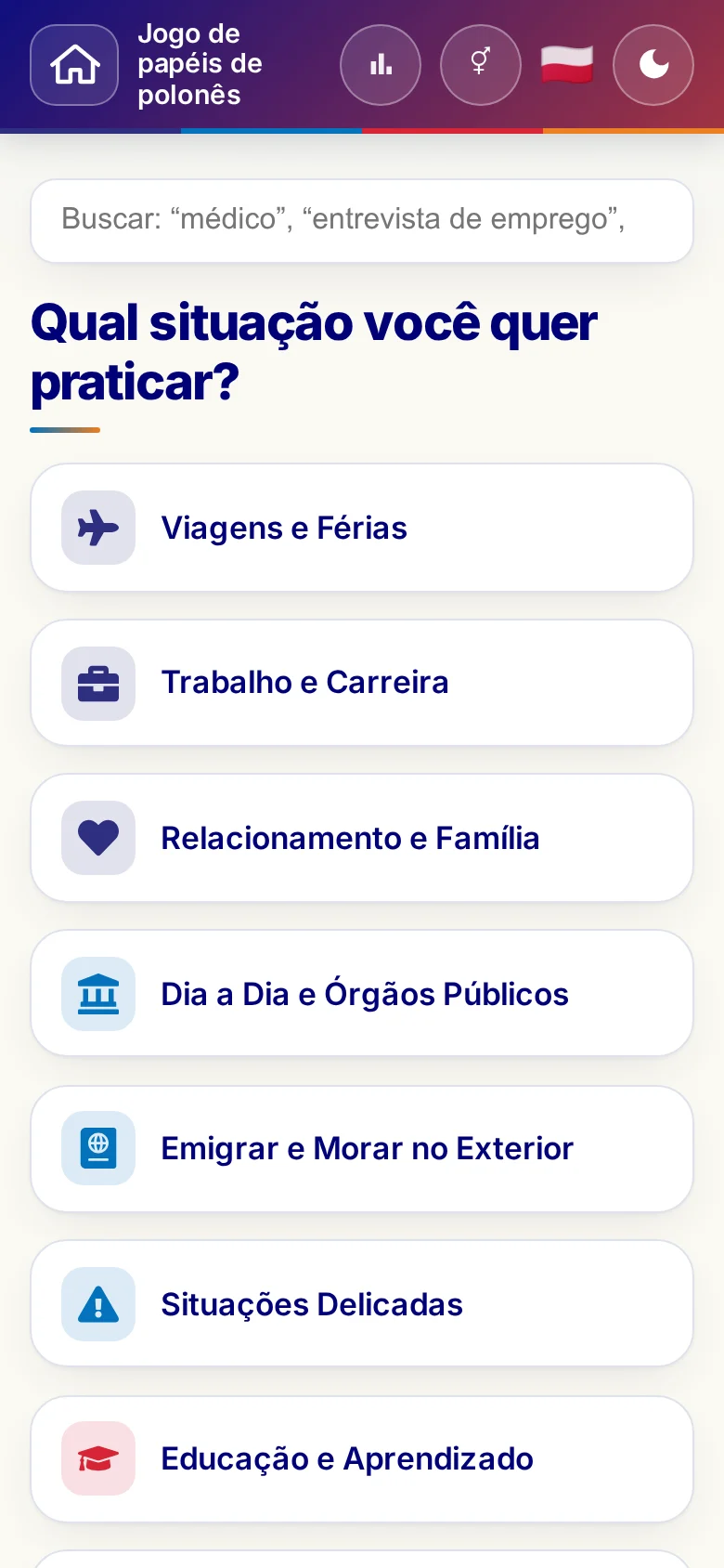 Celular: as áreas temáticas do Jogo de papéis.
