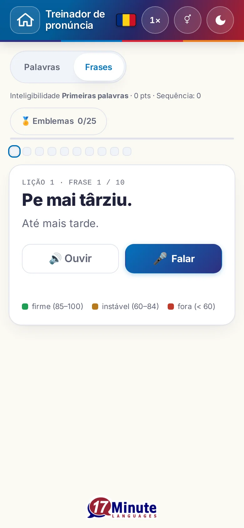 Celular: um exercício de pronúncia iniciado, com frase-alvo e legenda da avaliação.