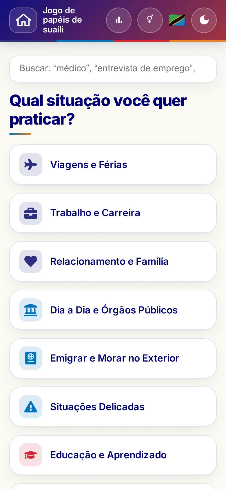 Celular: as áreas temáticas do Jogo de papéis.