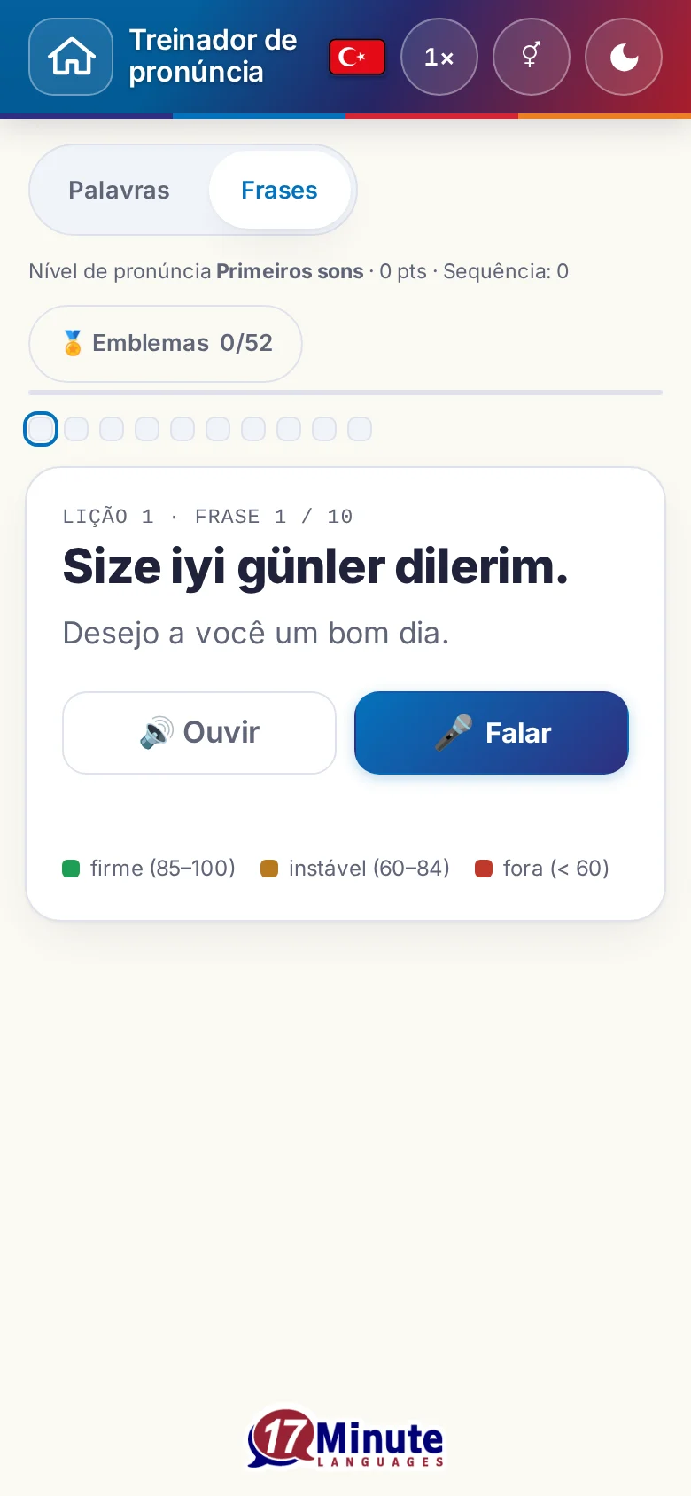 Celular: um exercício de pronúncia iniciado, com frase-alvo e legenda da avaliação.