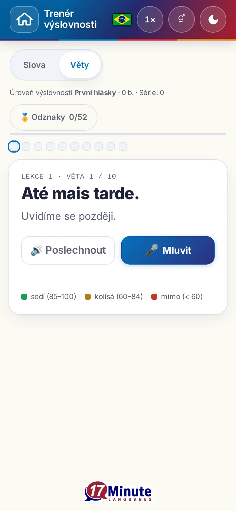 Mobil: spuštěné cvičení výslovnosti s cílovou větou a legendou hodnocení.