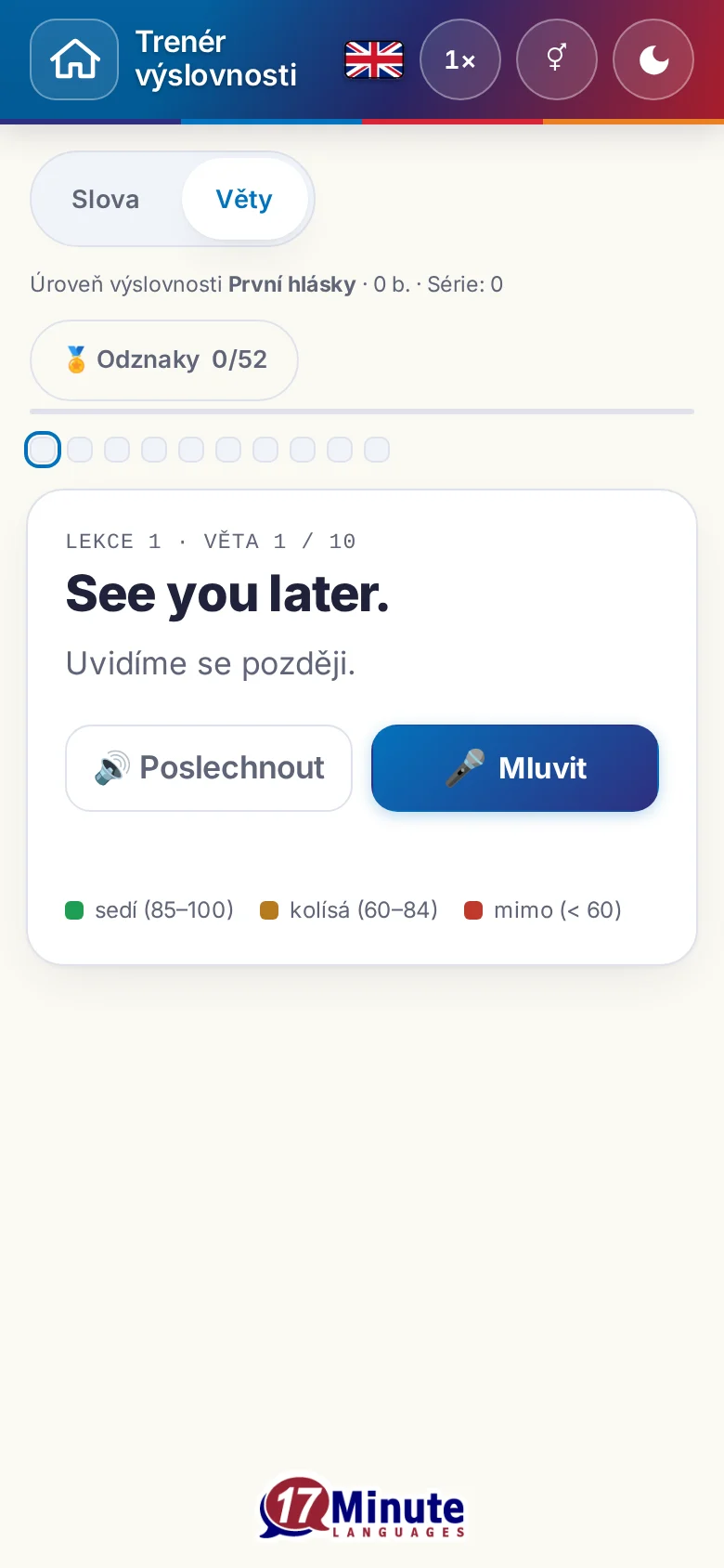 Mobil: spuštěné cvičení výslovnosti s cílovou větou a legendou hodnocení.