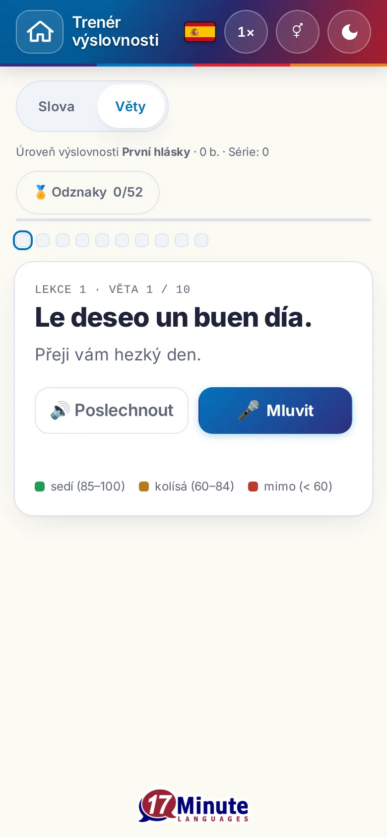 Mobil: spuštěné cvičení výslovnosti s cílovou větou a legendou hodnocení.