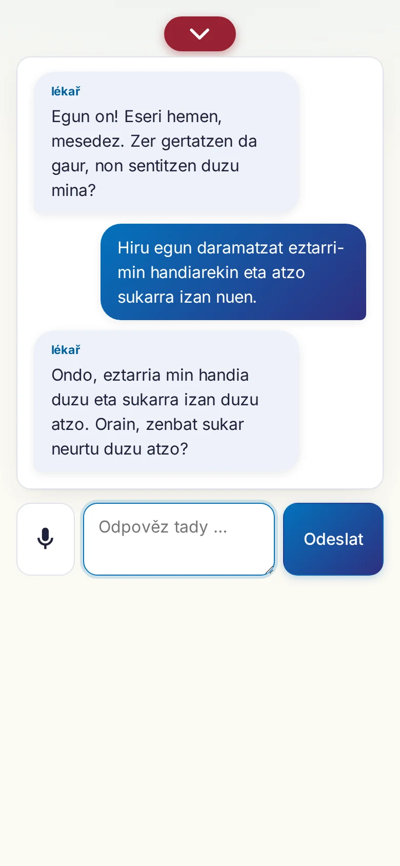 Mobil: probíhající rozhovor se zadáváním přes mikrofon.