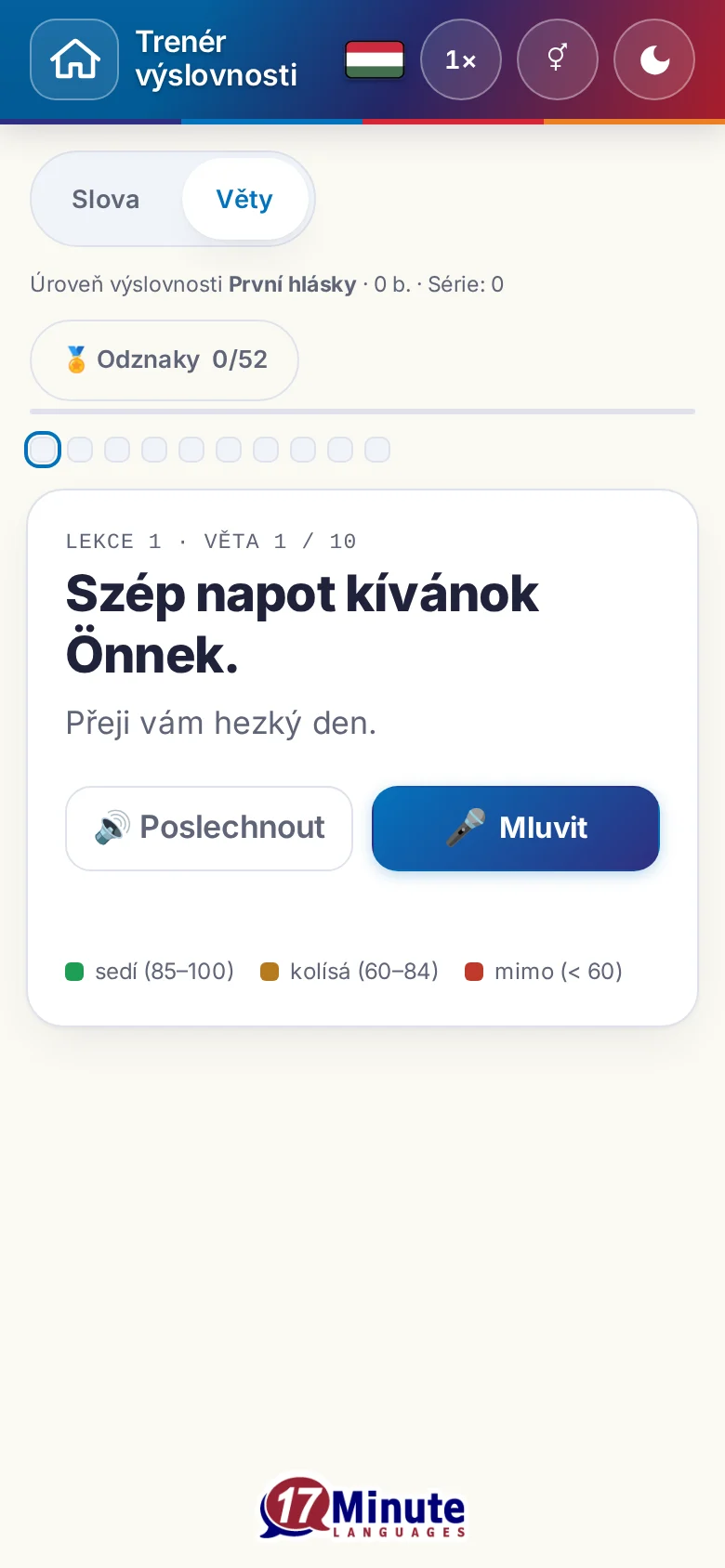 Mobil: spuštěné cvičení výslovnosti s cílovou větou a legendou hodnocení.