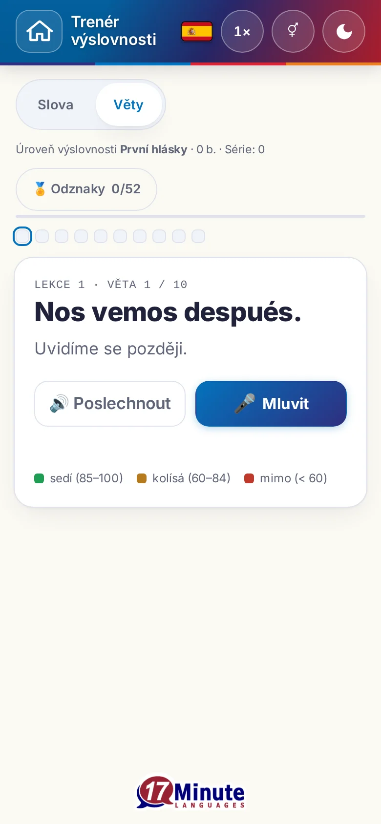 Mobil: spuštěné cvičení výslovnosti s cílovou větou a legendou hodnocení.