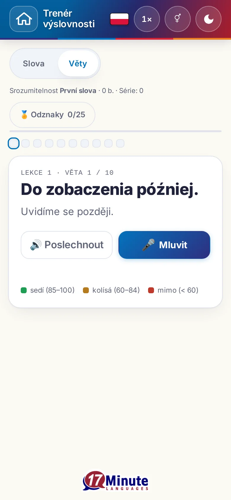 Mobil: spuštěné cvičení výslovnosti s cílovou větou a legendou hodnocení.