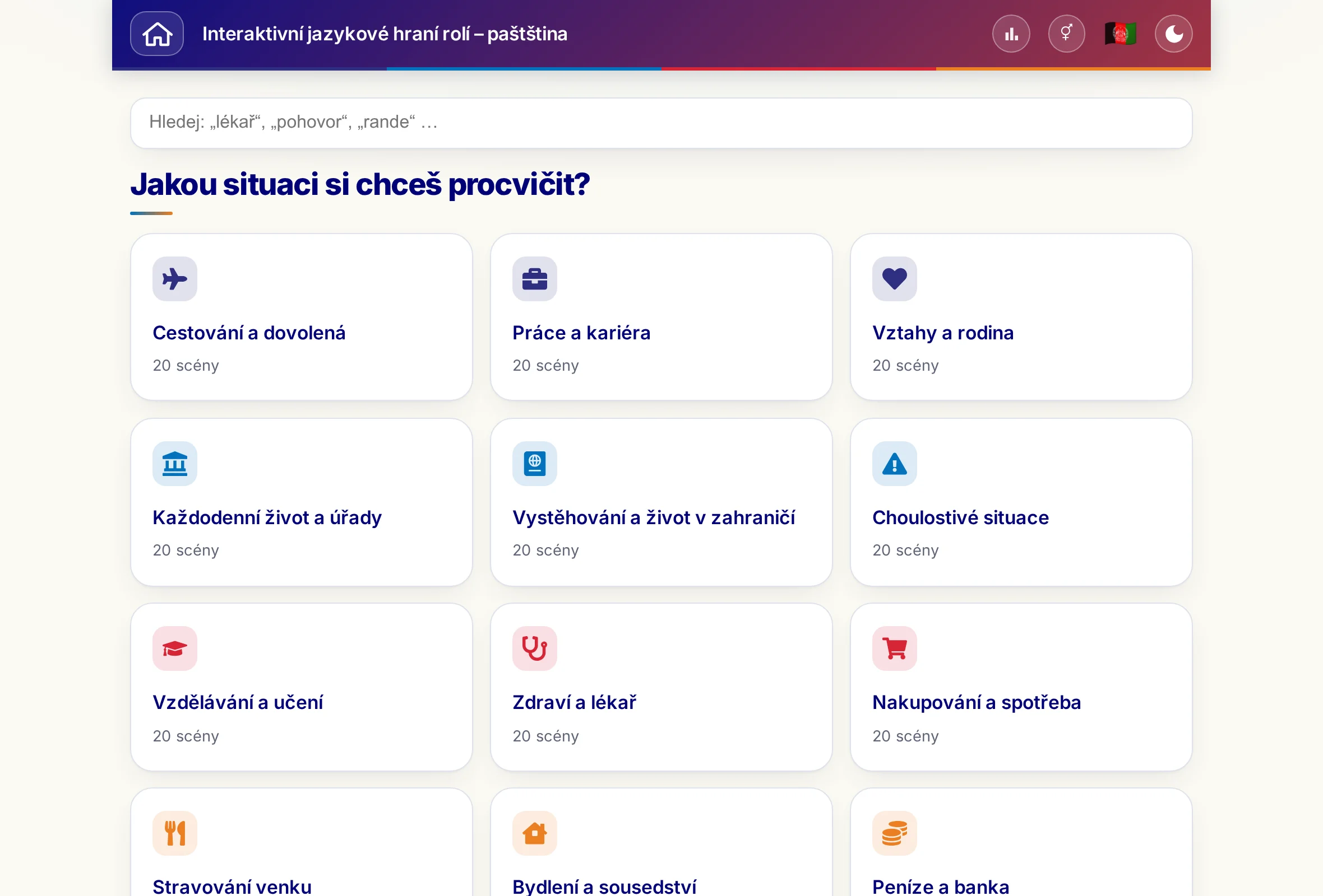 Hraní rolí s vyhledávacím polem a 15 tematickými světy.
