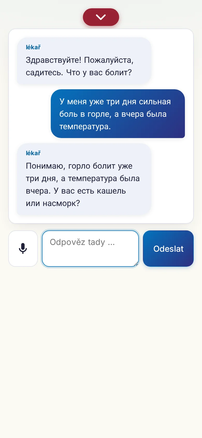 Mobil: probíhající rozhovor se zadáváním přes mikrofon.