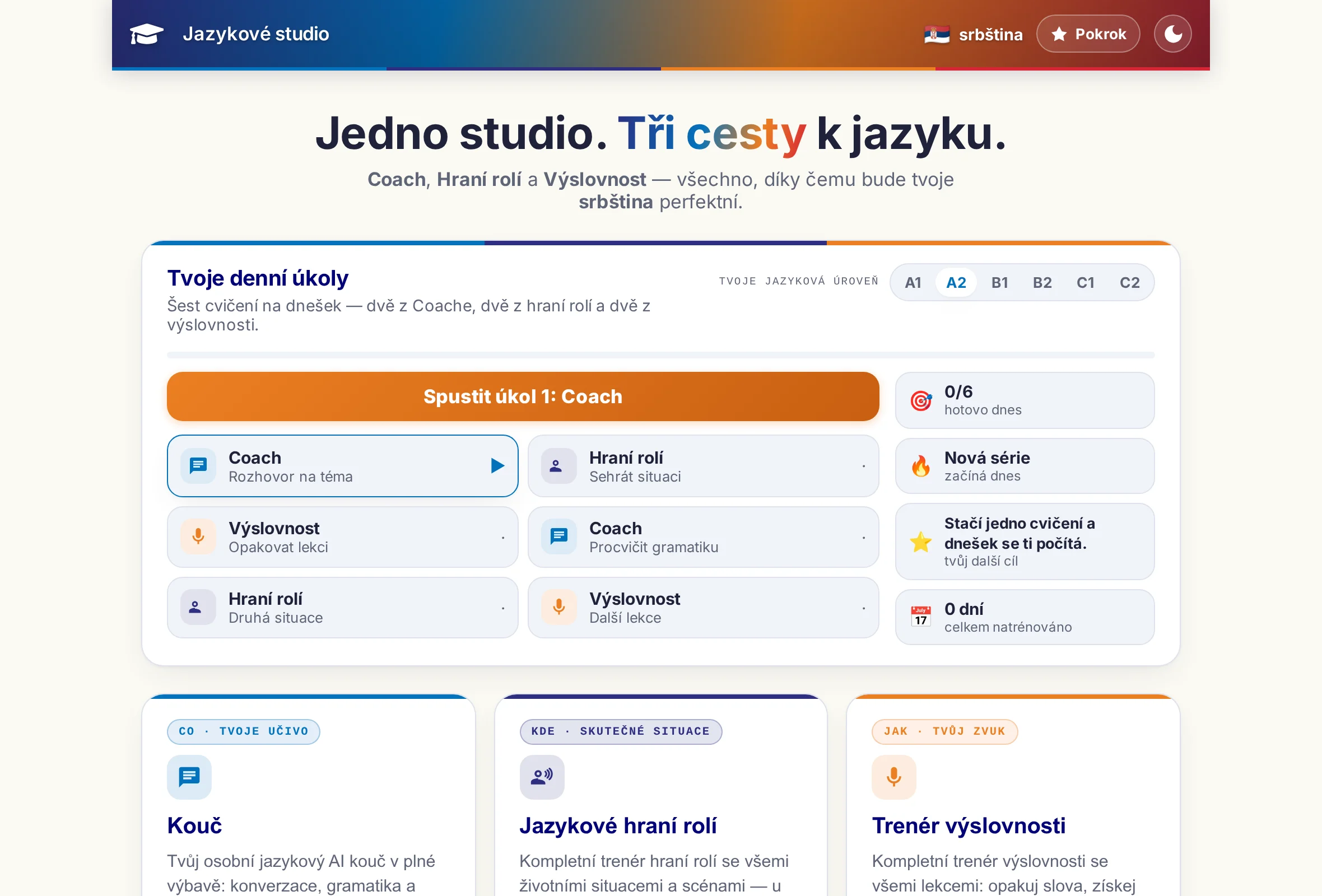 Úvodní stránka Jazykového studia: tři programy jako dlaždice a nad nimi šest cvičení denního úkolu.