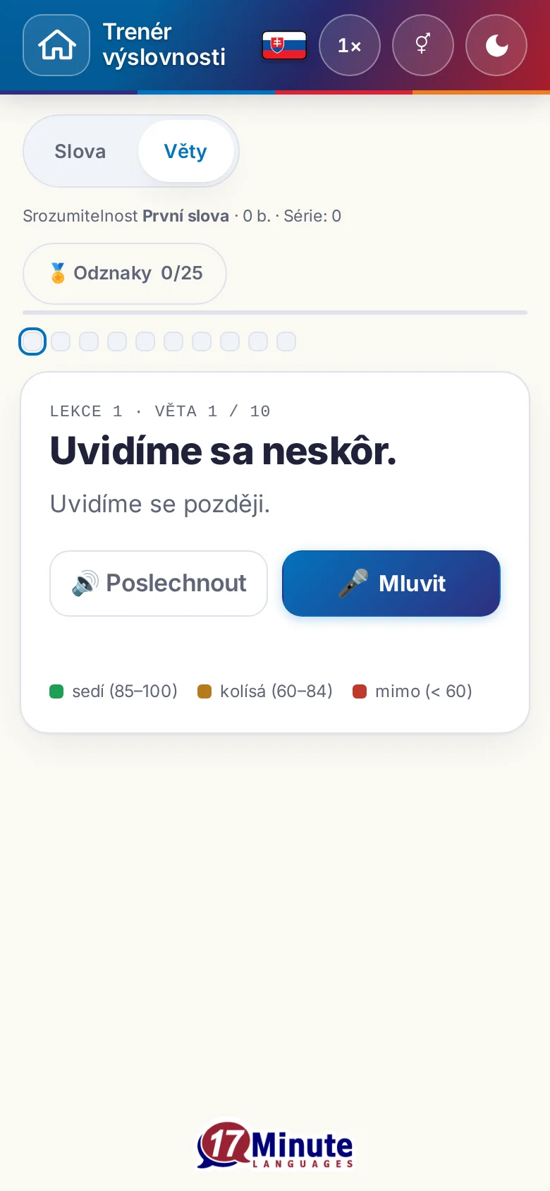 Mobil: spuštěné cvičení výslovnosti s cílovou větou a legendou hodnocení.