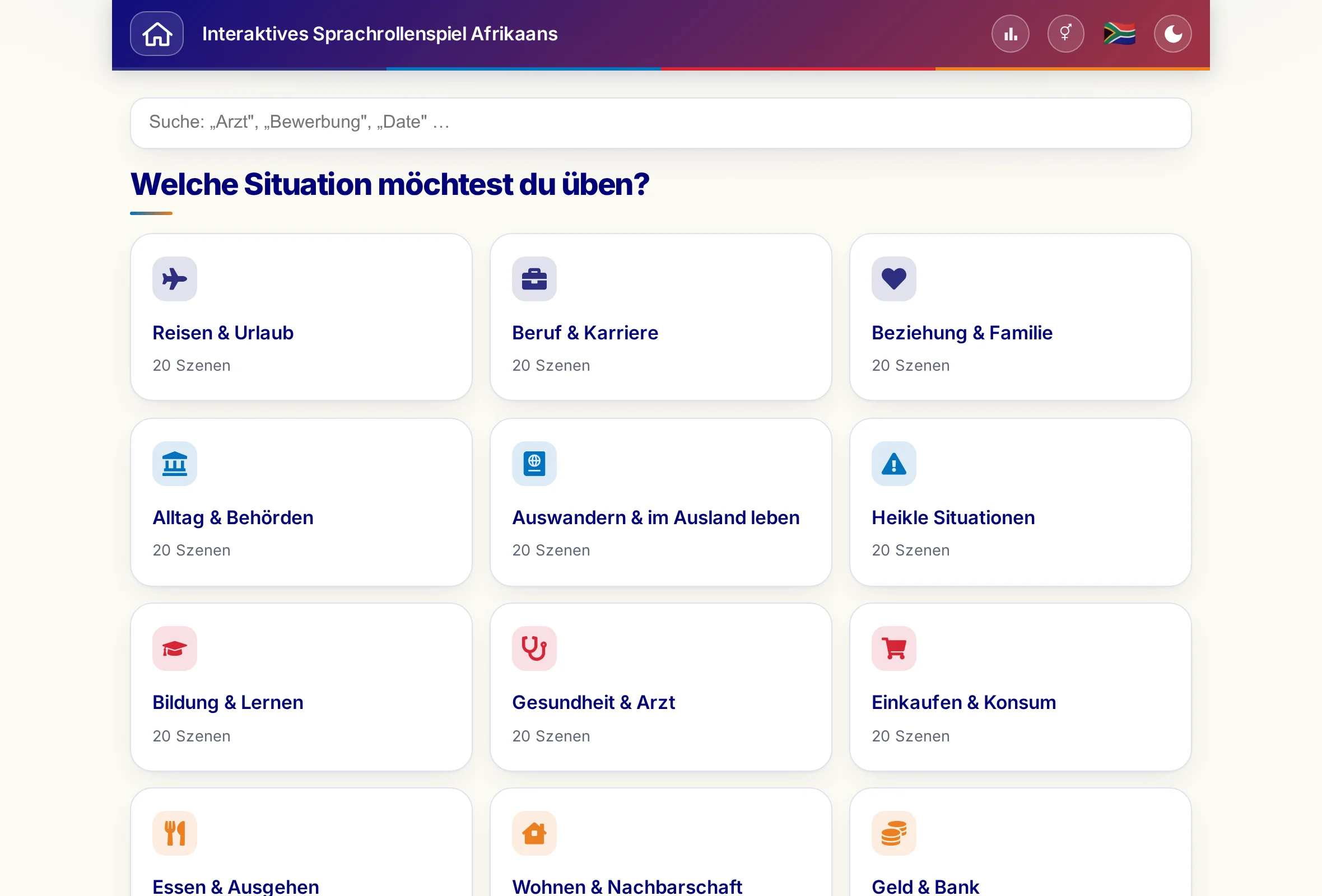Die Rollenspiele mit Suchfeld und den 15 Themenwelten.
