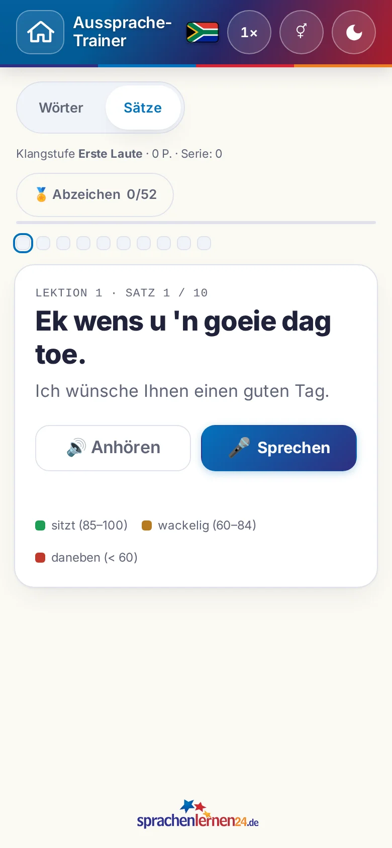 Handy: eine gestartete Aussprache-Übung mit Zielsatz und Bewertungslegende.