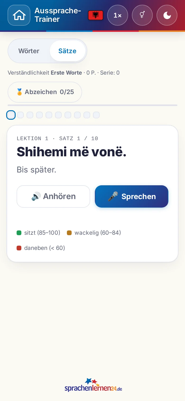 Handy: eine gestartete Aussprache-Übung mit Zielsatz und Bewertungslegende.