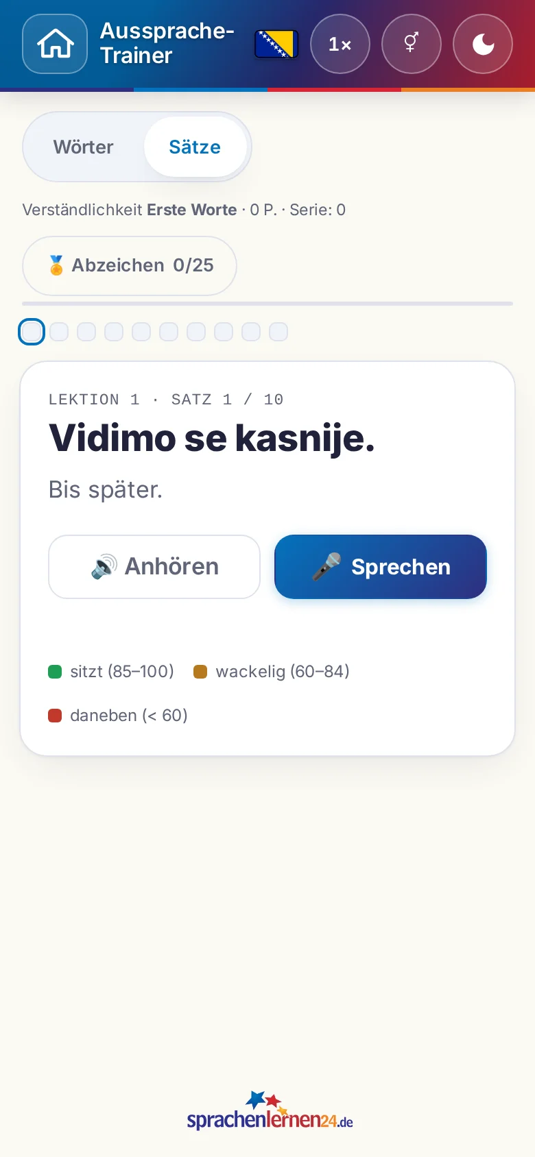 Handy: eine gestartete Aussprache-Übung mit Zielsatz und Bewertungslegende.