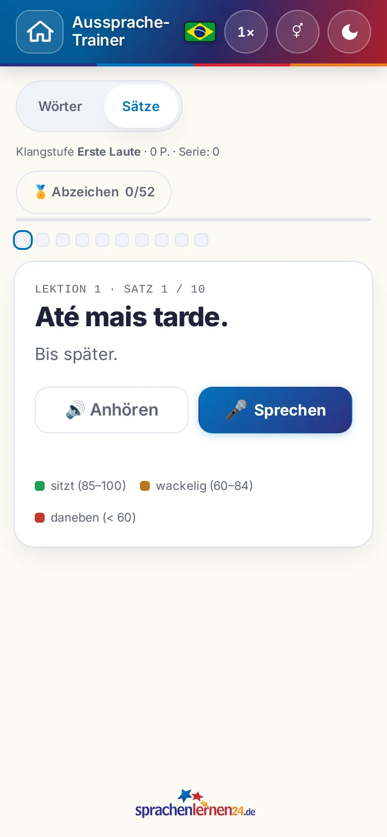 Handy: eine gestartete Aussprache-Übung mit Zielsatz und Bewertungslegende.