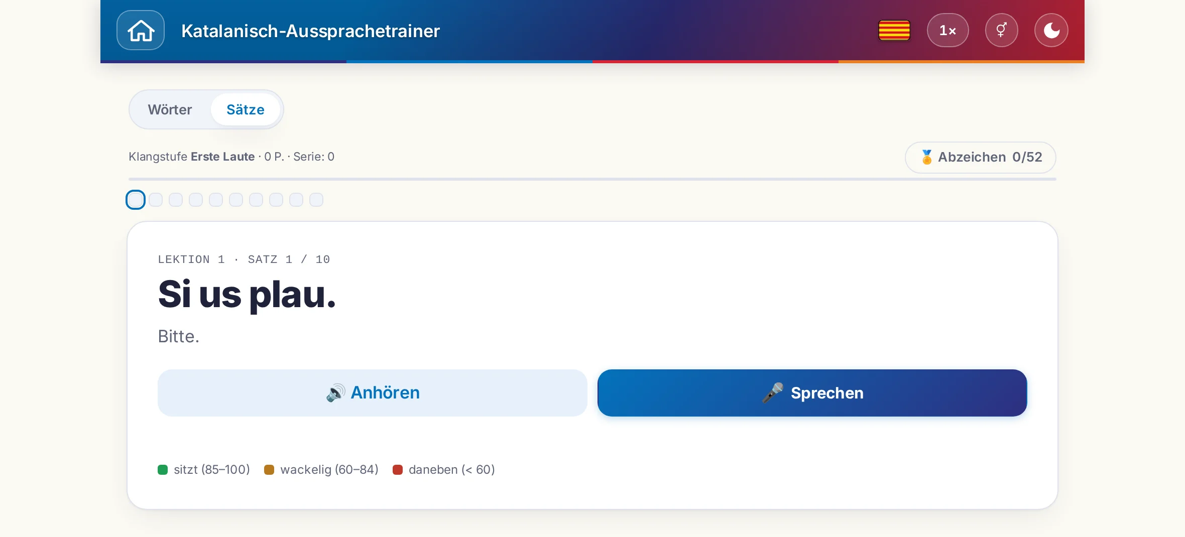 Eine gestartete Aussprache-&Uuml;bung: der Zielsatz, seine Bedeutung, Anh&ouml;ren und Sprechen sowie die Farblegende der Bewertung.