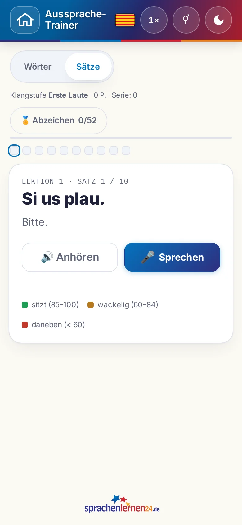 Handy: eine gestartete Aussprache-&Uuml;bung mit Zielsatz und Bewertungslegende.