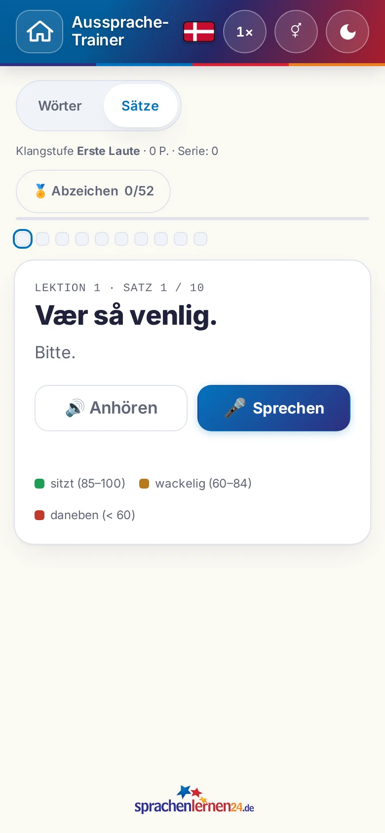 Handy: eine gestartete Aussprache-Übung mit Zielsatz und Bewertungslegende.