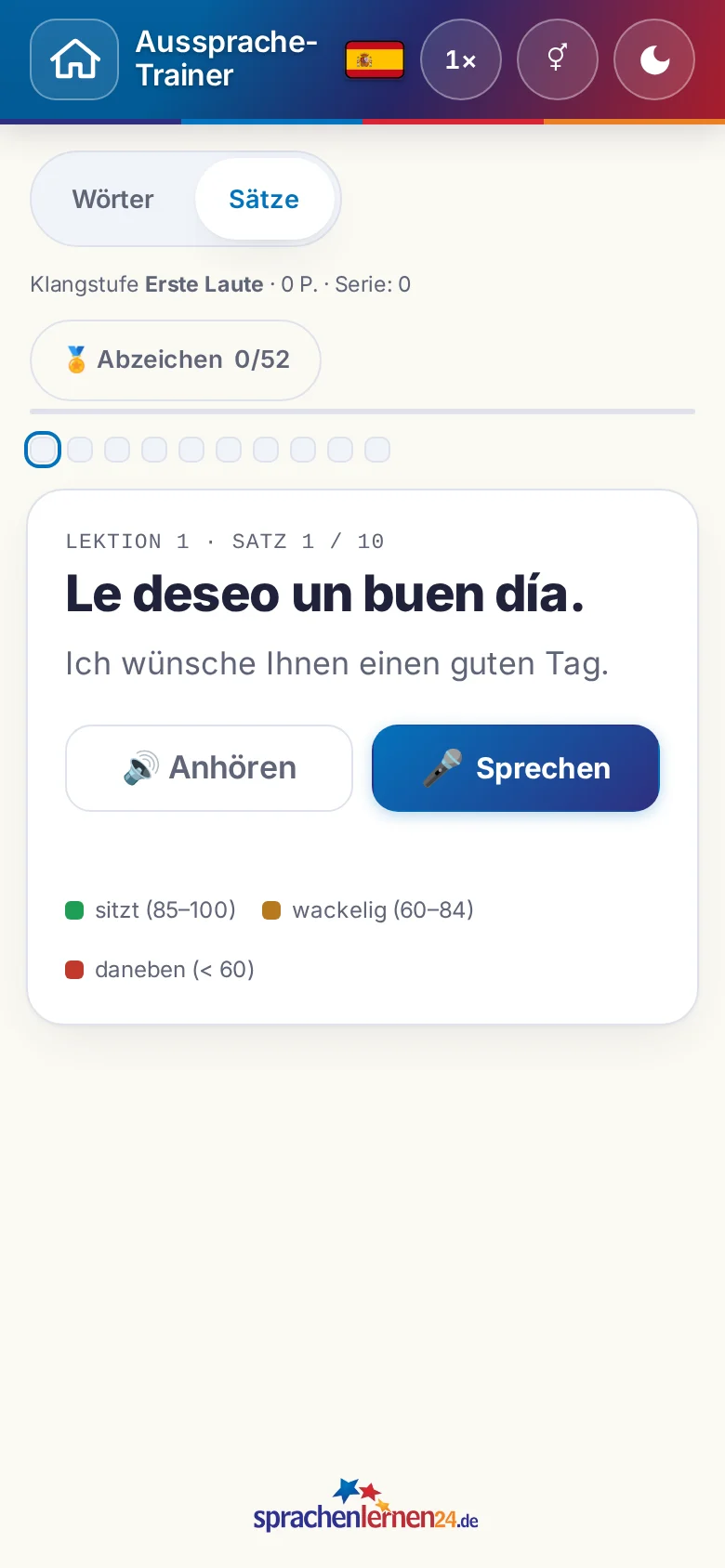 Handy: eine gestartete Aussprache-Übung mit Zielsatz und Bewertungslegende.