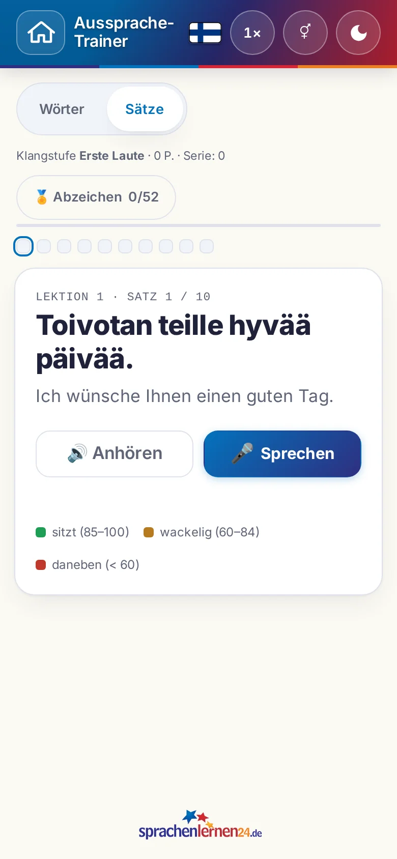Handy: eine gestartete Aussprache-Übung mit Zielsatz und Bewertungslegende.