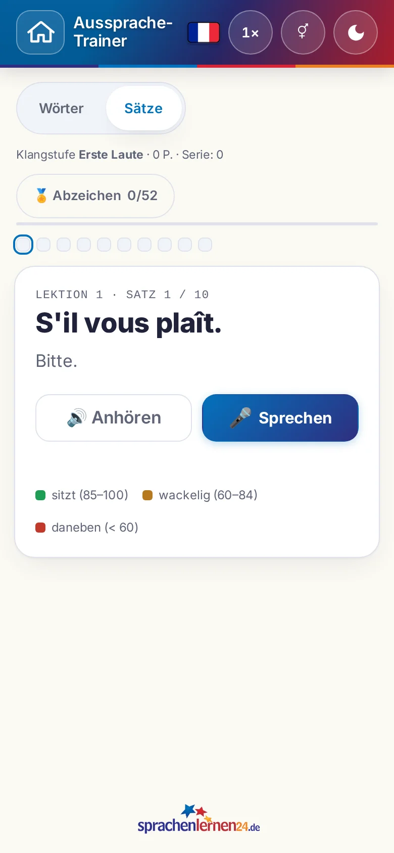 Handy: eine gestartete Aussprache-Übung mit Zielsatz und Bewertungslegende.