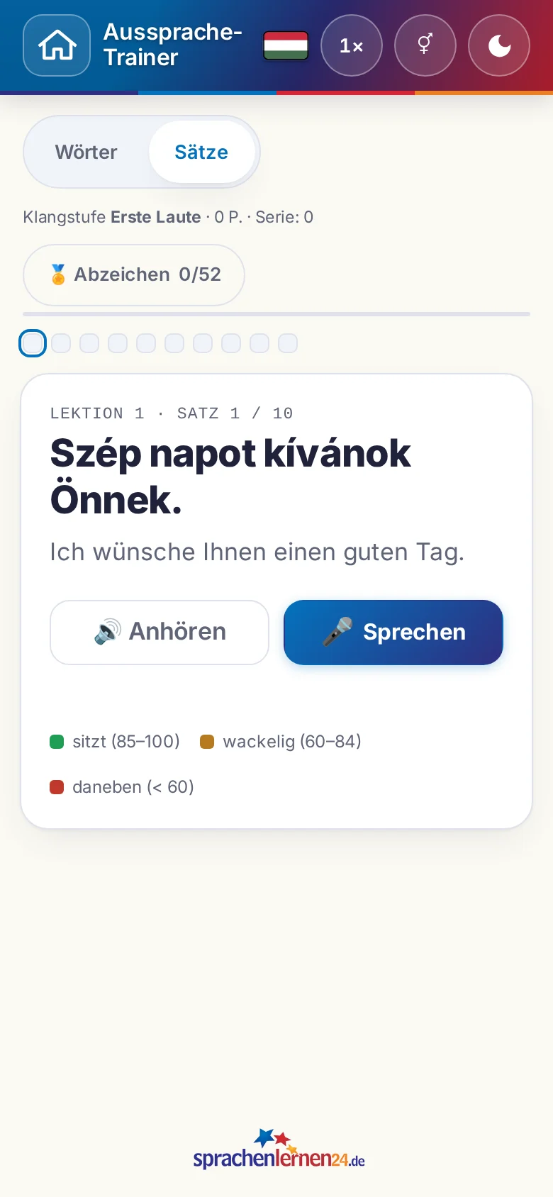 Handy: eine gestartete Aussprache-Übung mit Zielsatz und Bewertungslegende.